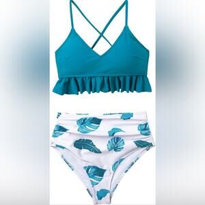 Cupshe Blue Leaf Print Lace Up Ruffled Bikini High Waist Swimsuit Two Piece Sz M